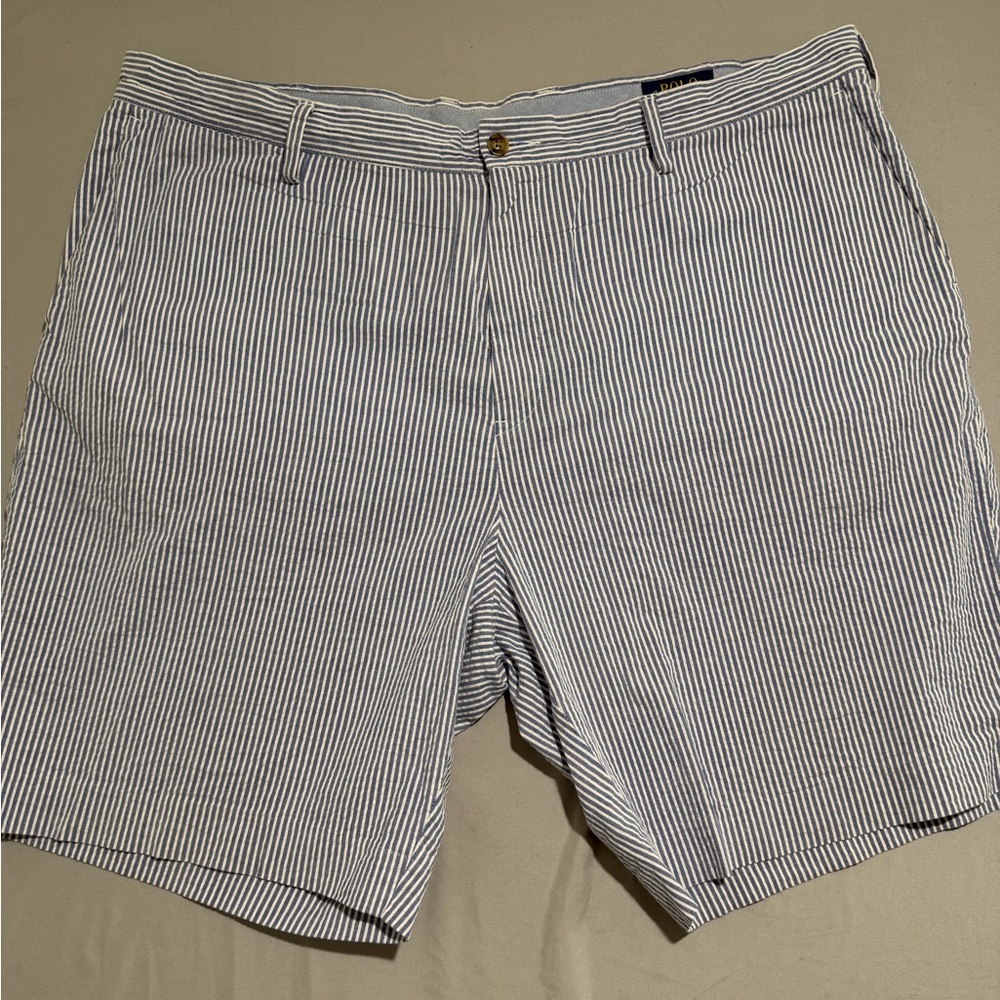 Polo Ralph Lauren blue white striped flat front shorts, men's 40